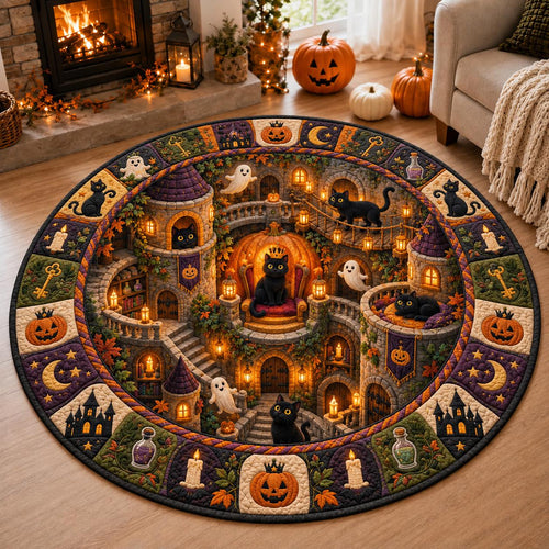 Black cat haunted castle round quilted rug by a fireplace with jack-o'-lanterns and a cream sofa