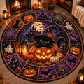Black cat pumpkin Halloween round rug on a wood floor by a fireplace with lanterns and carved pumpkins