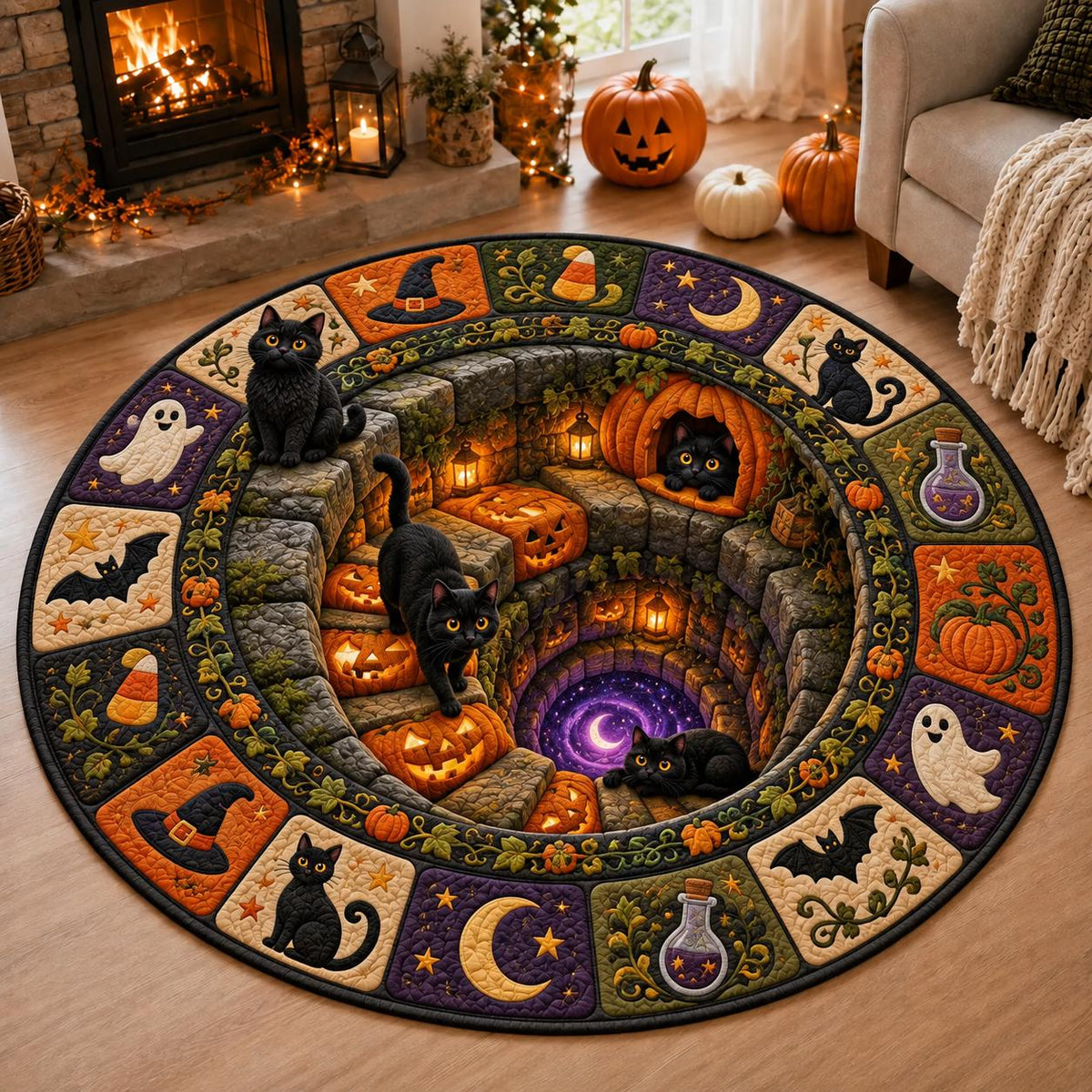 Black cat pumpkin stairway round quilted rug in a living room with a fireplace, lanterns and jack-o'-lanterns