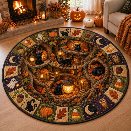 Black cat Halloween round rug with a glowing pumpkin treehouse by a lit fireplace and jack-o'-lanterns
