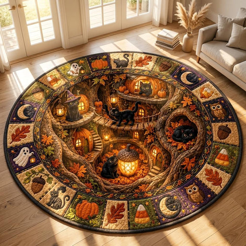 Round black cat treehouse rug on a light wood floor in a bright living room with French doors and a sofa