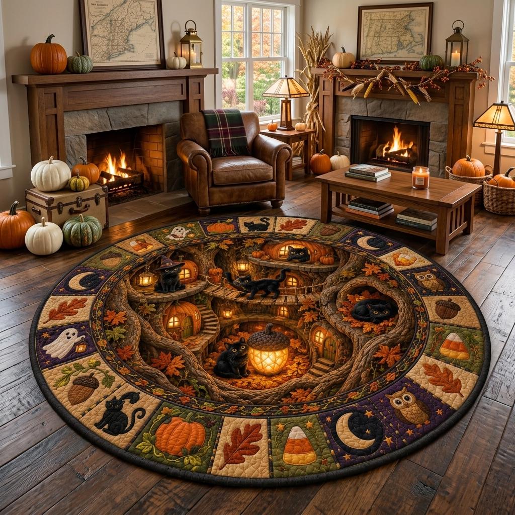 Halloween cat treehouse rug in a cozy cabin room with two fireplaces, leather chair and white pumpkins