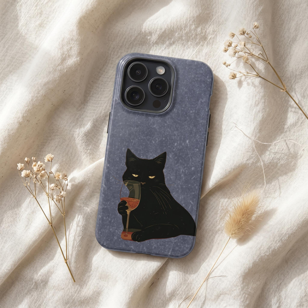 Style 1 black cat holding a glass of red wine on a purple-gray phone case