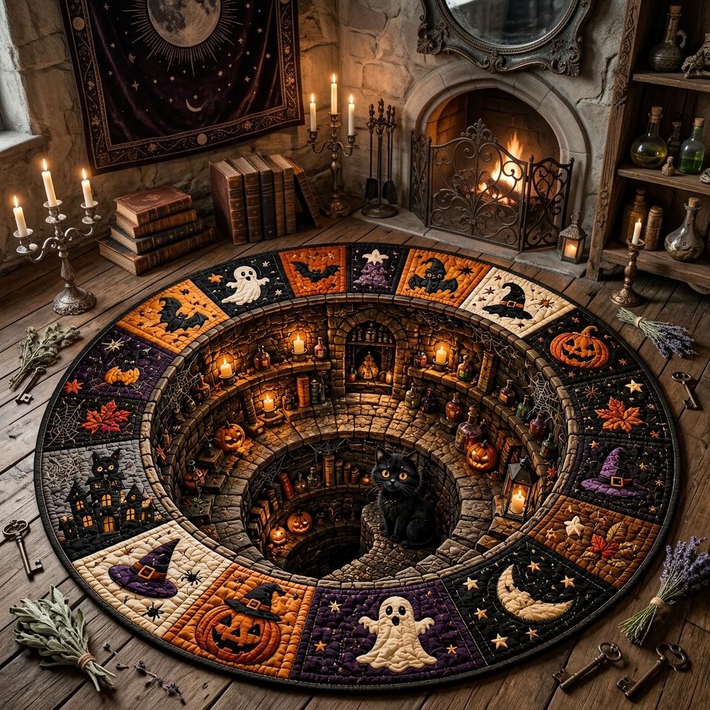 Witchy 3D black cat dungeon rug in a candlelit stone room with an old fireplace, books and dried herbs