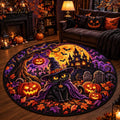 Black cat witch Halloween round rug with jack-o'-lanterns and a full moon castle in a dark cozy living room