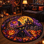 Black cat witch Halloween round rug with jack-o'-lanterns and a full moon castle in a dark cozy living room