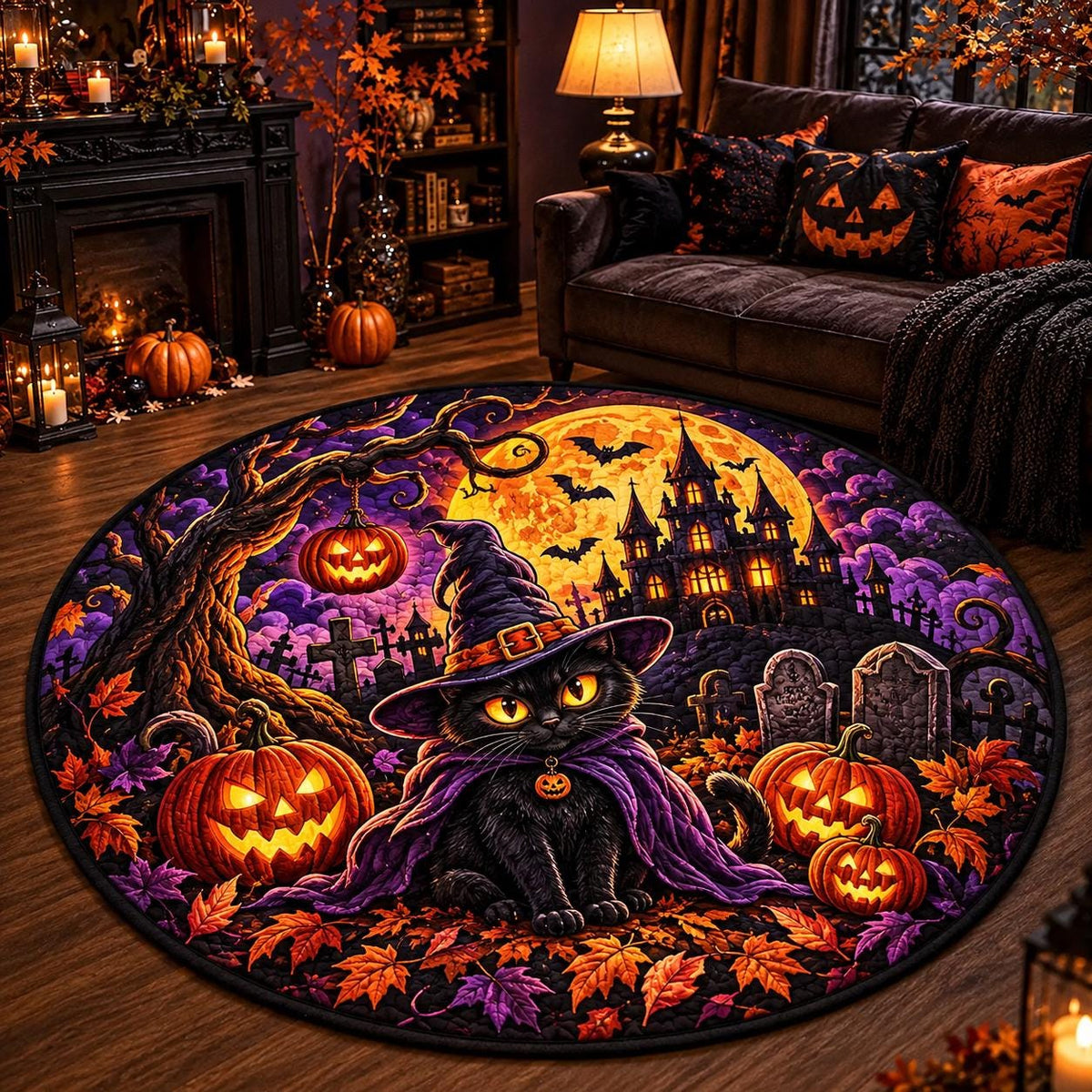 Black cat witch Halloween round rug with jack-o'-lanterns and a full moon castle in a dark cozy living room