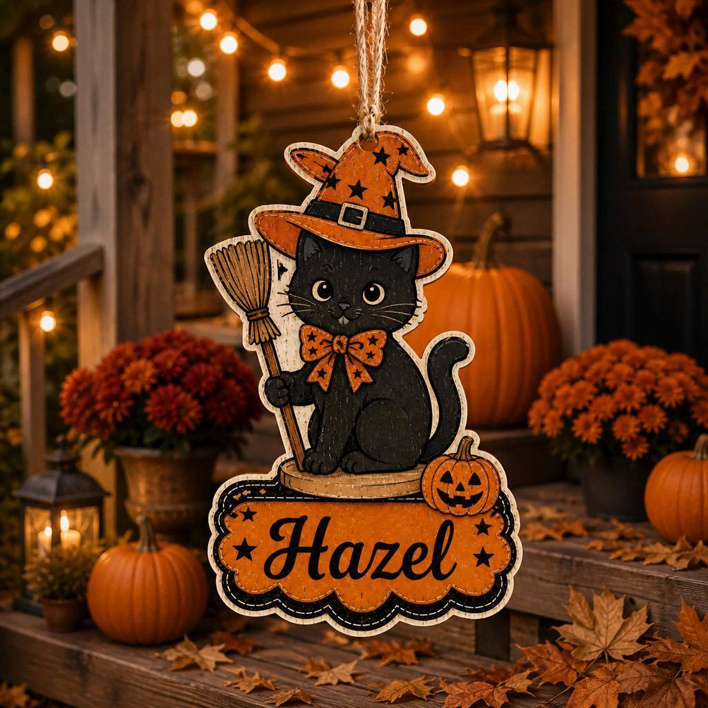 Personalized black cat witch Halloween ornament hanging on porch with pumpkins
