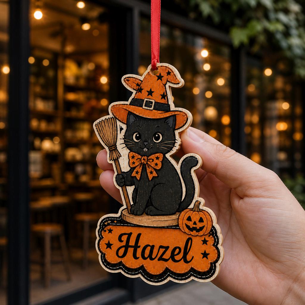 Hand holding personalized black cat in witch hat with broom Halloween wooden ornament