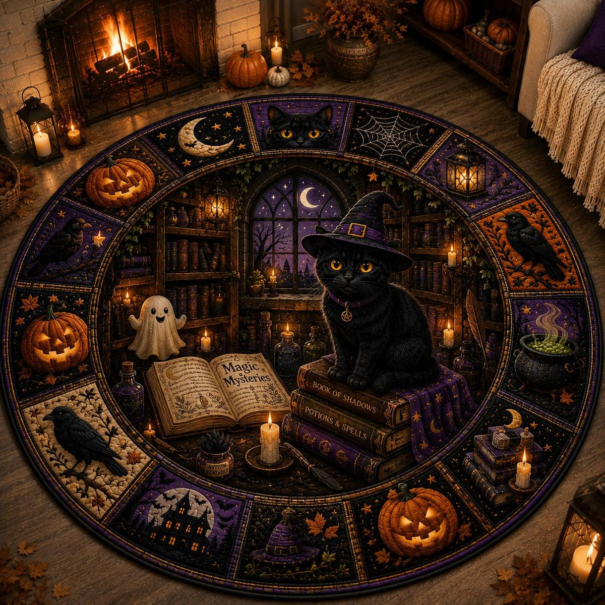 Black cat witch hat round quilted rug on a wood floor by a fireplace with pumpkins and a knit throw