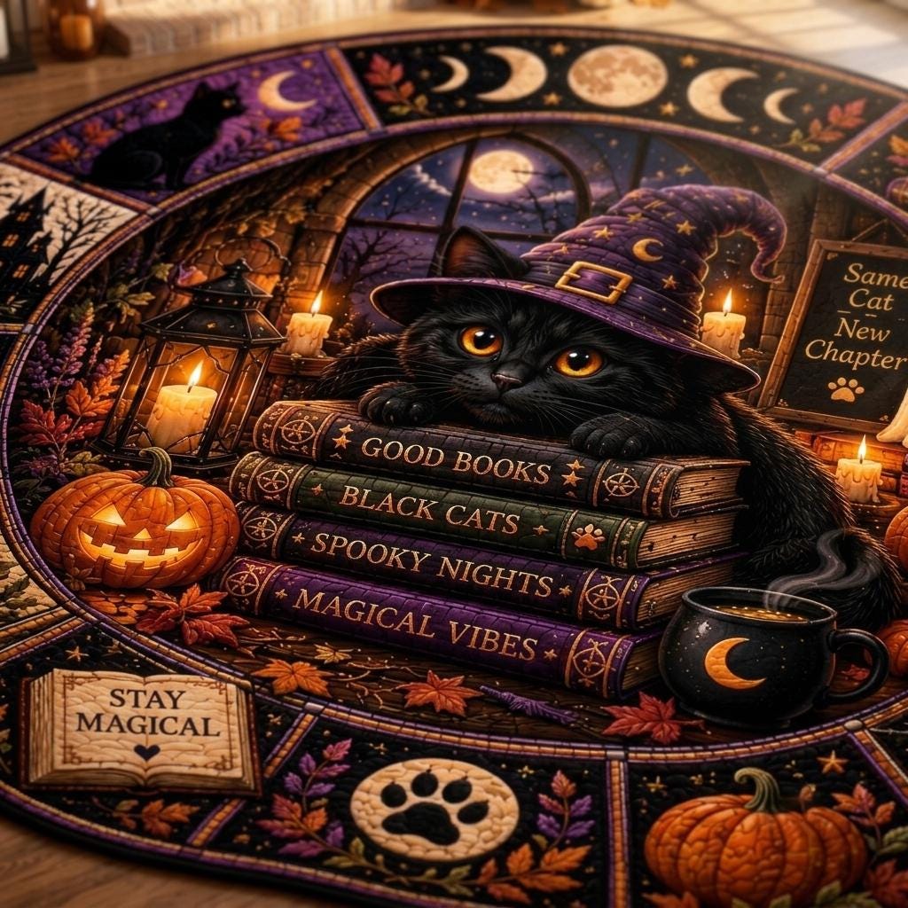 Close-up of a black cat in a witch hat lying on spooky book titles beside a moon mug, candles and a jack-o'-lantern