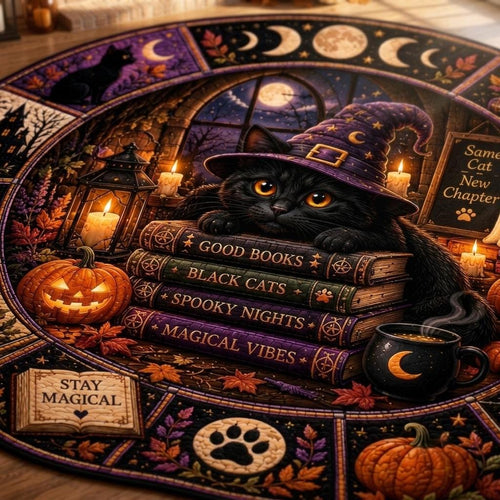 Close-up of a black cat in a witch hat lying on spooky book titles beside a moon mug, candles and a jack-o'-lantern