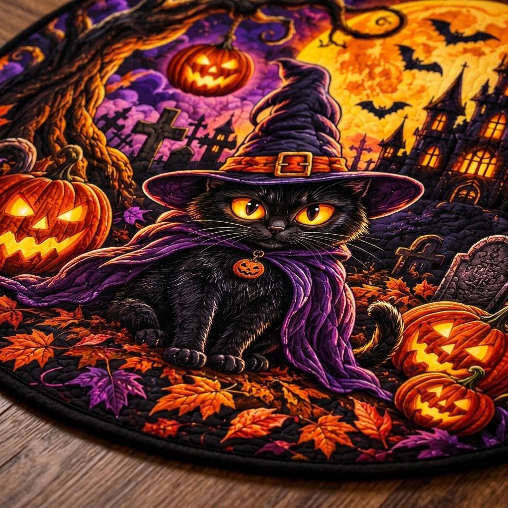 Close-up of the black cat in a purple witch hat and cape with glowing eyes beside carved pumpkins