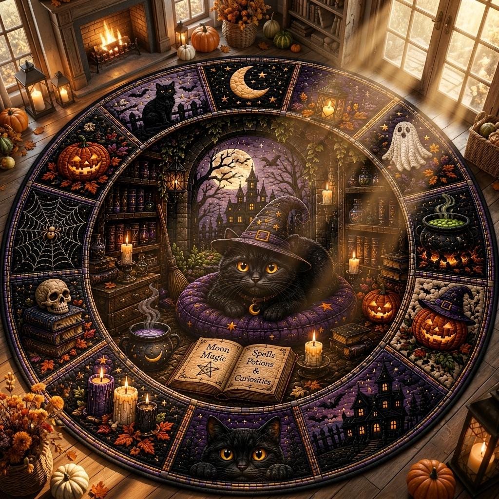 Witchy black cat round rug in a living room with sunbeams through the windows and pumpkins on the floor