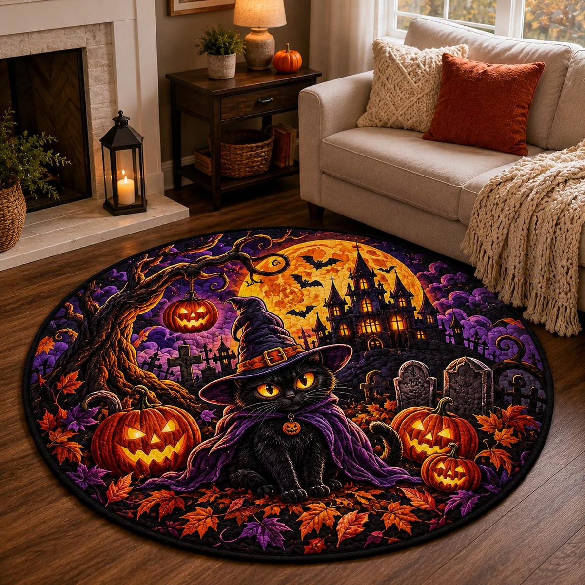 Black cat witch quilted rug on a wood floor beside a cream sofa, white fireplace and a lantern
