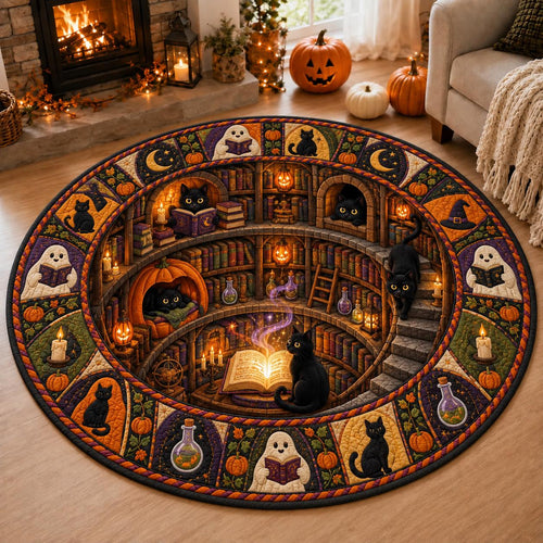 Black cat witchy library round rug on a light floor by a fireplace with jack-o'-lanterns and a cream sofa