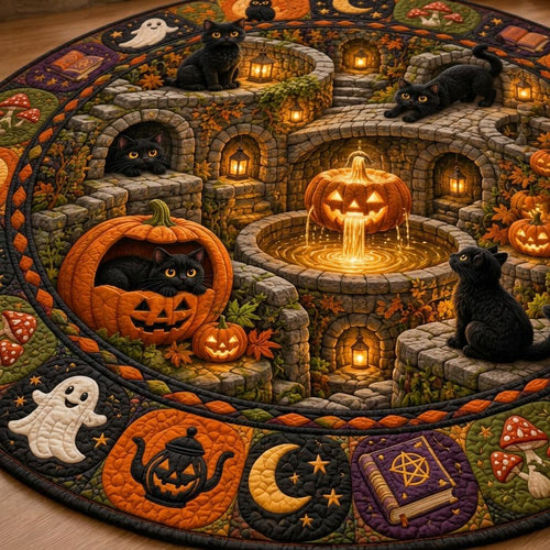 Close-up of black cats around a jack-o'-lantern fountain, with ghost, moon and spellbook border patches