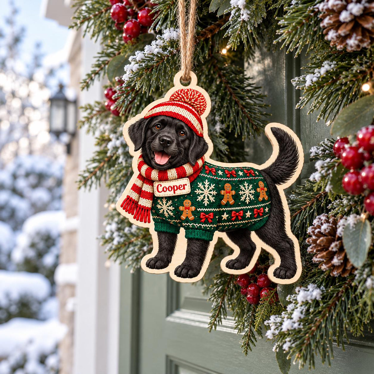 Personalized Black Lab sweater ornament with dog name hanging on a door wreath