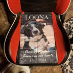 Customer photo of a dog memorial flag with name and date, laid flat to show the print up close