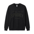 Black Spooky Season embroidered Halloween sweatshirt with arched collegiate lettering and flying bats