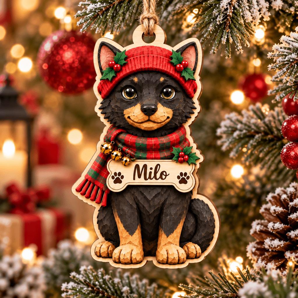 Personalized black and tan dog Christmas ornament hanging among holiday lights