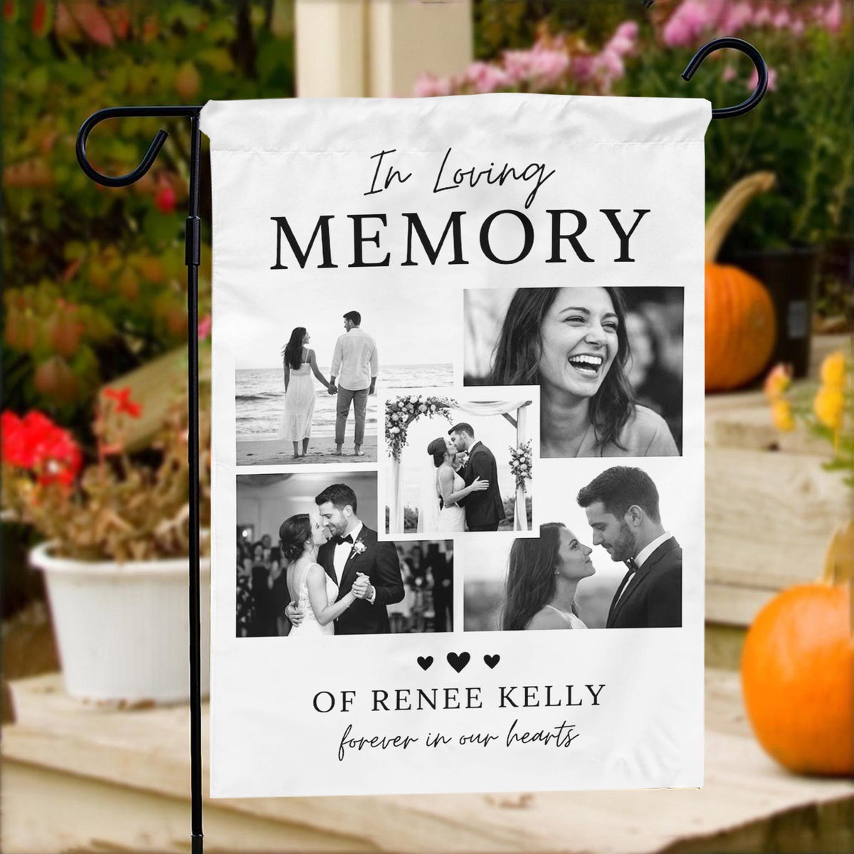 Black and white In Loving Memory photo collage garden flag on porch steps with pumpkins and flowers