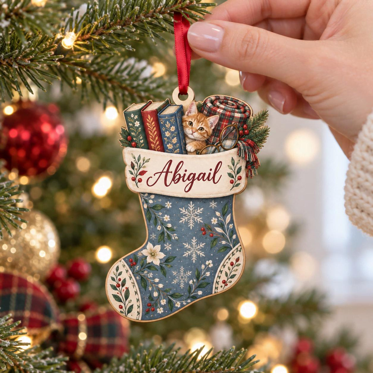 Personalized book and cat stocking wooden ornament hanging on a Christmas tree