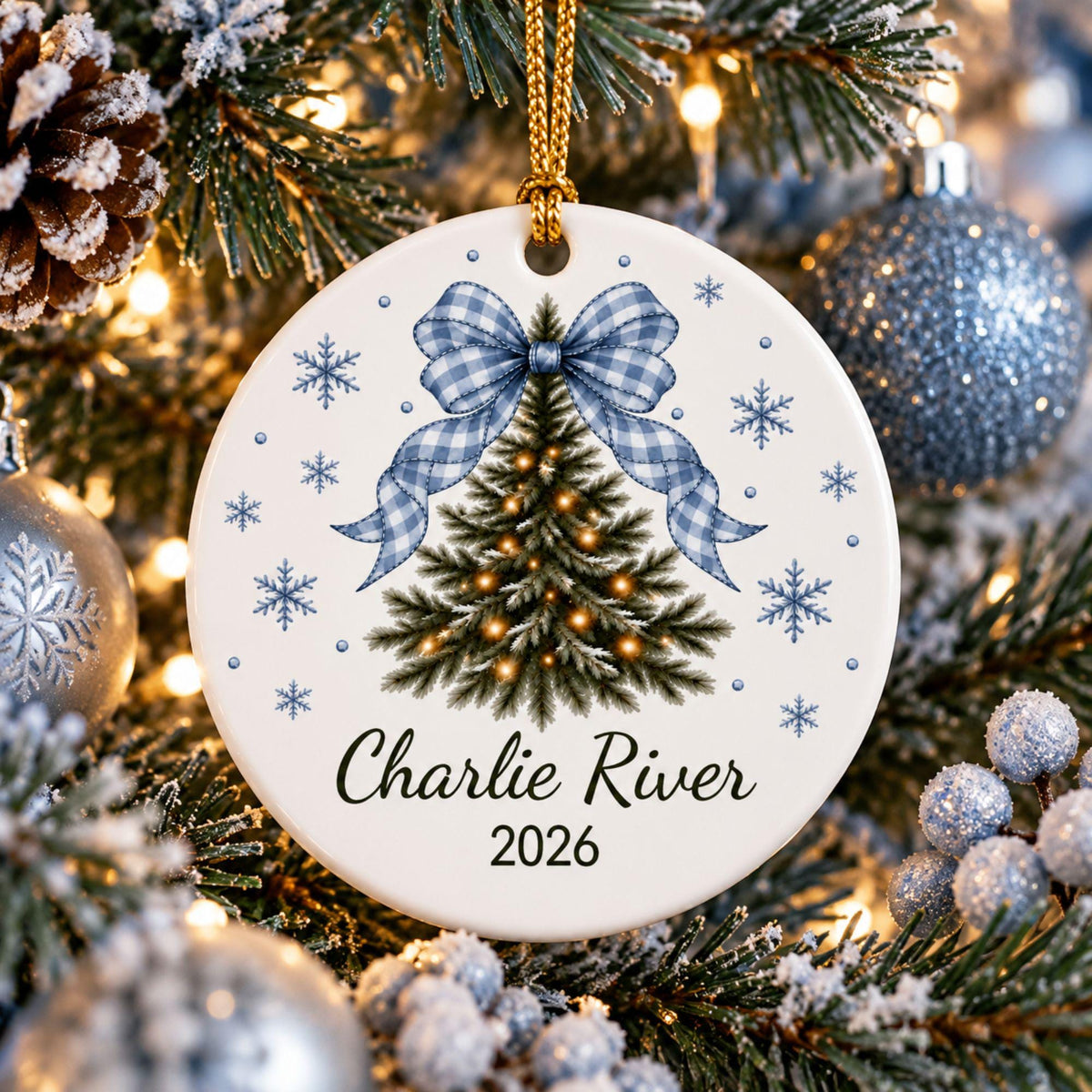 Sky blue bow tree ornament personalized with Charlie River 2026