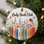 Personalized 3D ceramic book club ornament with Lady Book Club and ten member names on book spines
