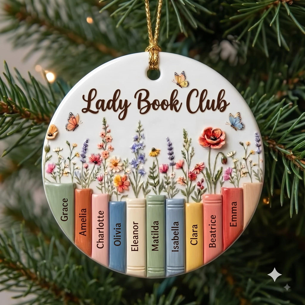Raised 3D book club ornament hanging on a green Christmas tree