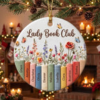 Book club Christmas ornament hanging by a fireplace mantel with stockings