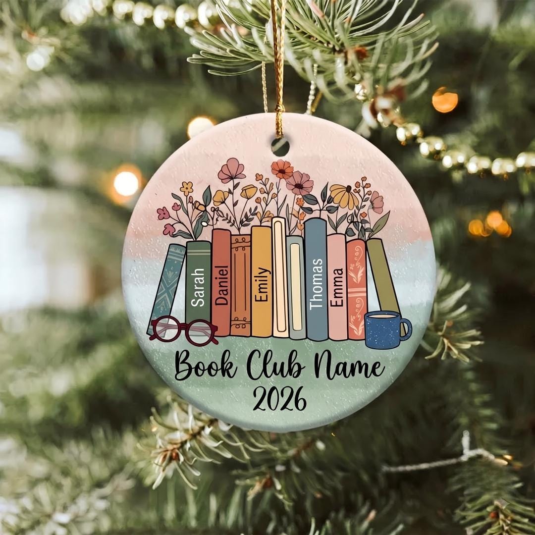 Personalized book club ceramic ornament with wildflowers and a row of named books