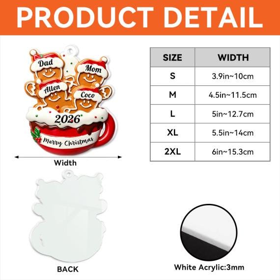 Size guide for the white acrylic ornament: about 3.9, 4.5, 5, 5.5 and 6 in wide, shown with a sample design, 3 mm white acrylic with a white back
