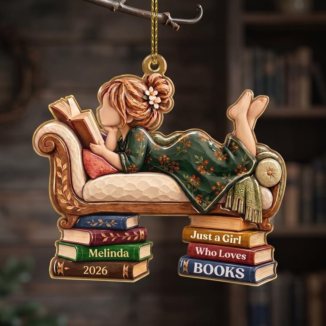 Just a Girl Who Loves Books ornament in front of library shelves