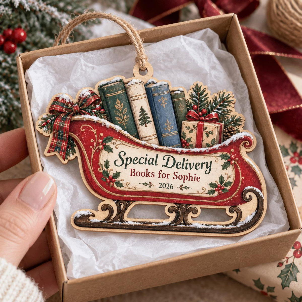 Personalized book sleigh wooden ornament in a kraft gift box with tissue
