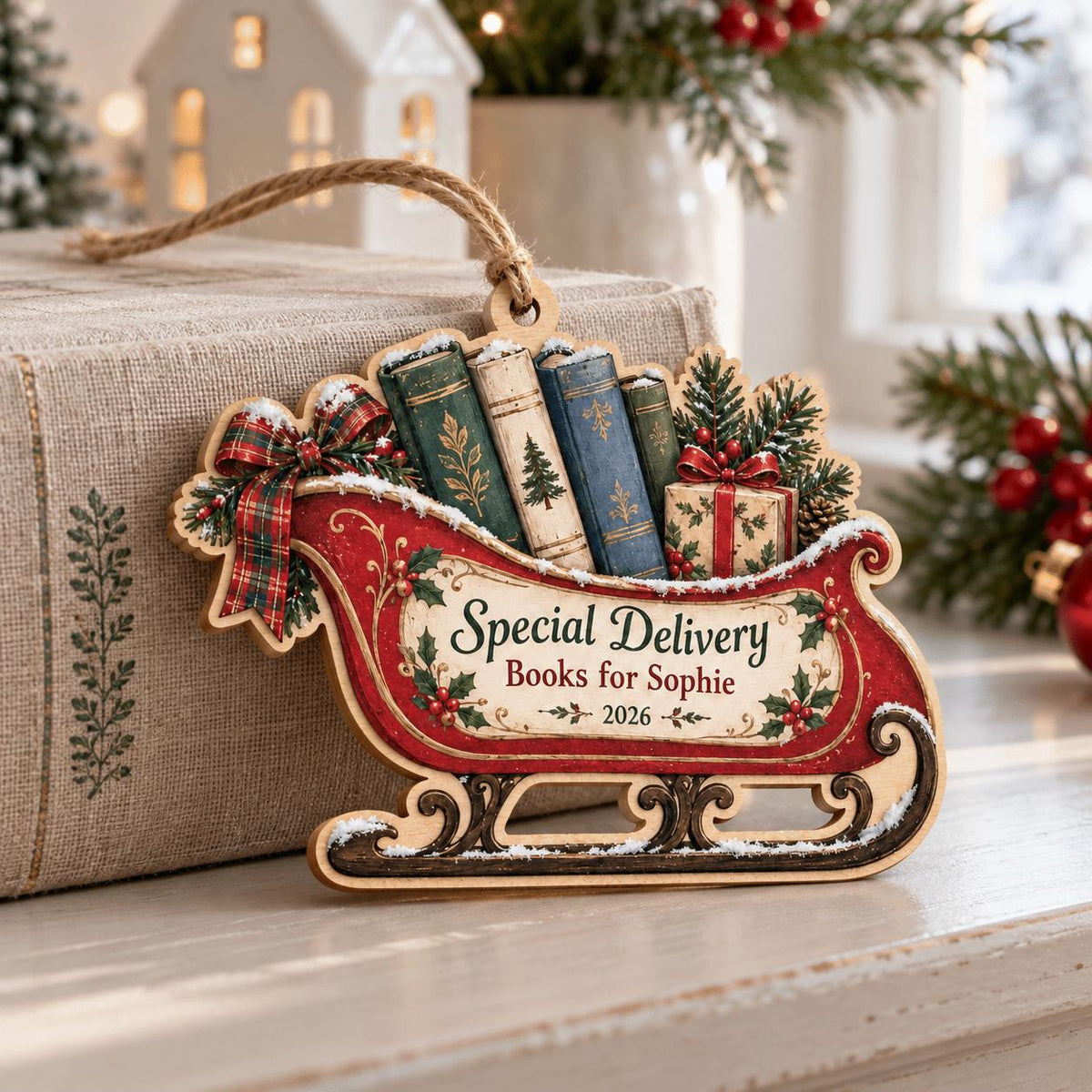 Book sleigh Special Delivery ornament with name resting against a linen book