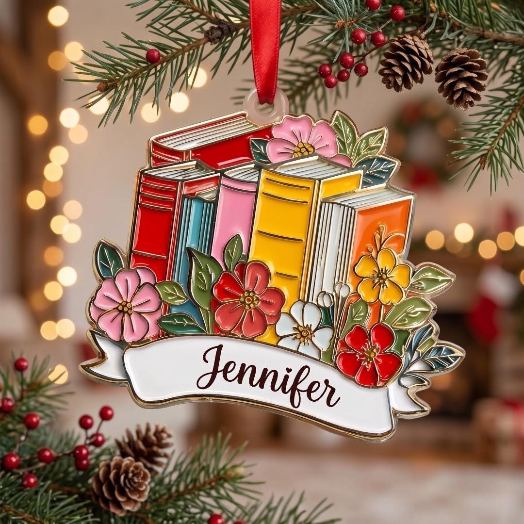 Floral book lover ornament with the name Jennifer near pine branches and red berries