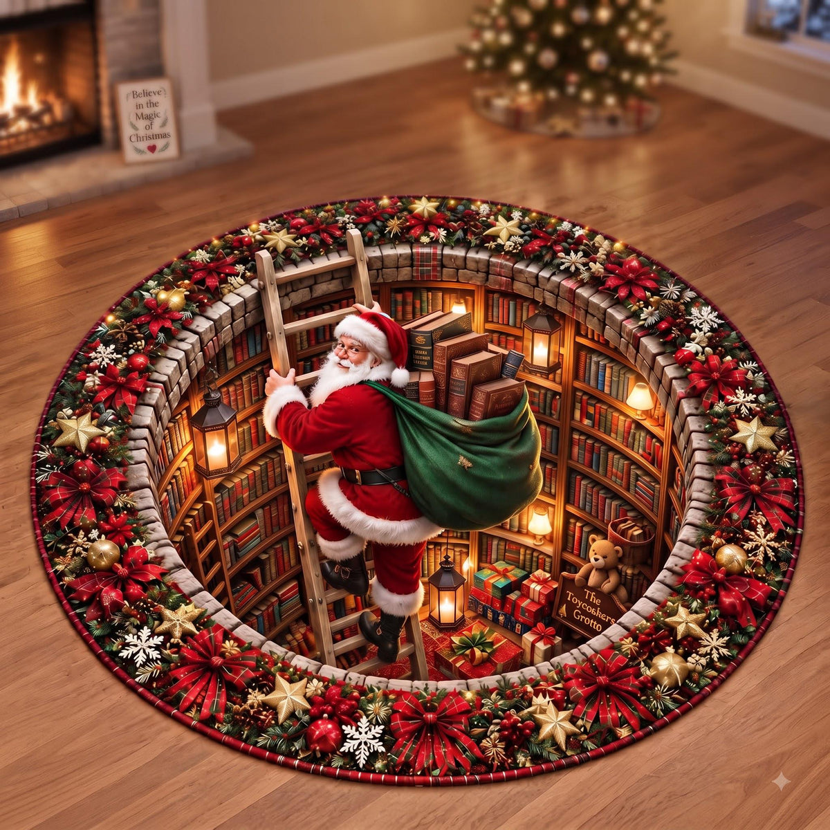 3D bookshelf Christmas rug with Santa in a living room