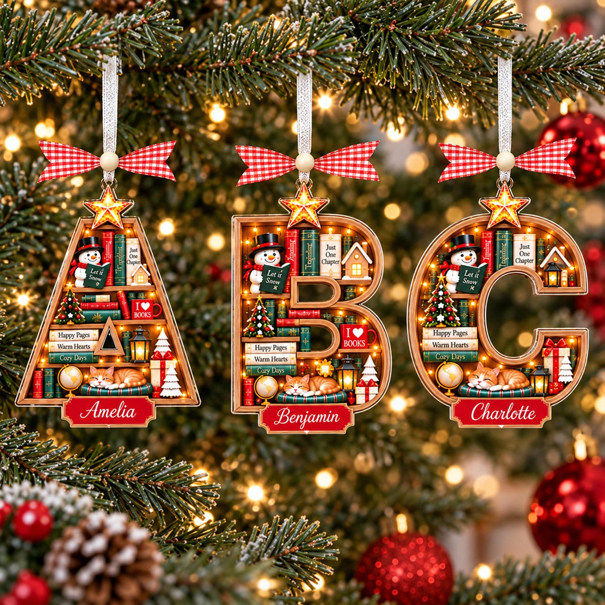 Bookshelf letter ornaments A, B and C with names on a tree