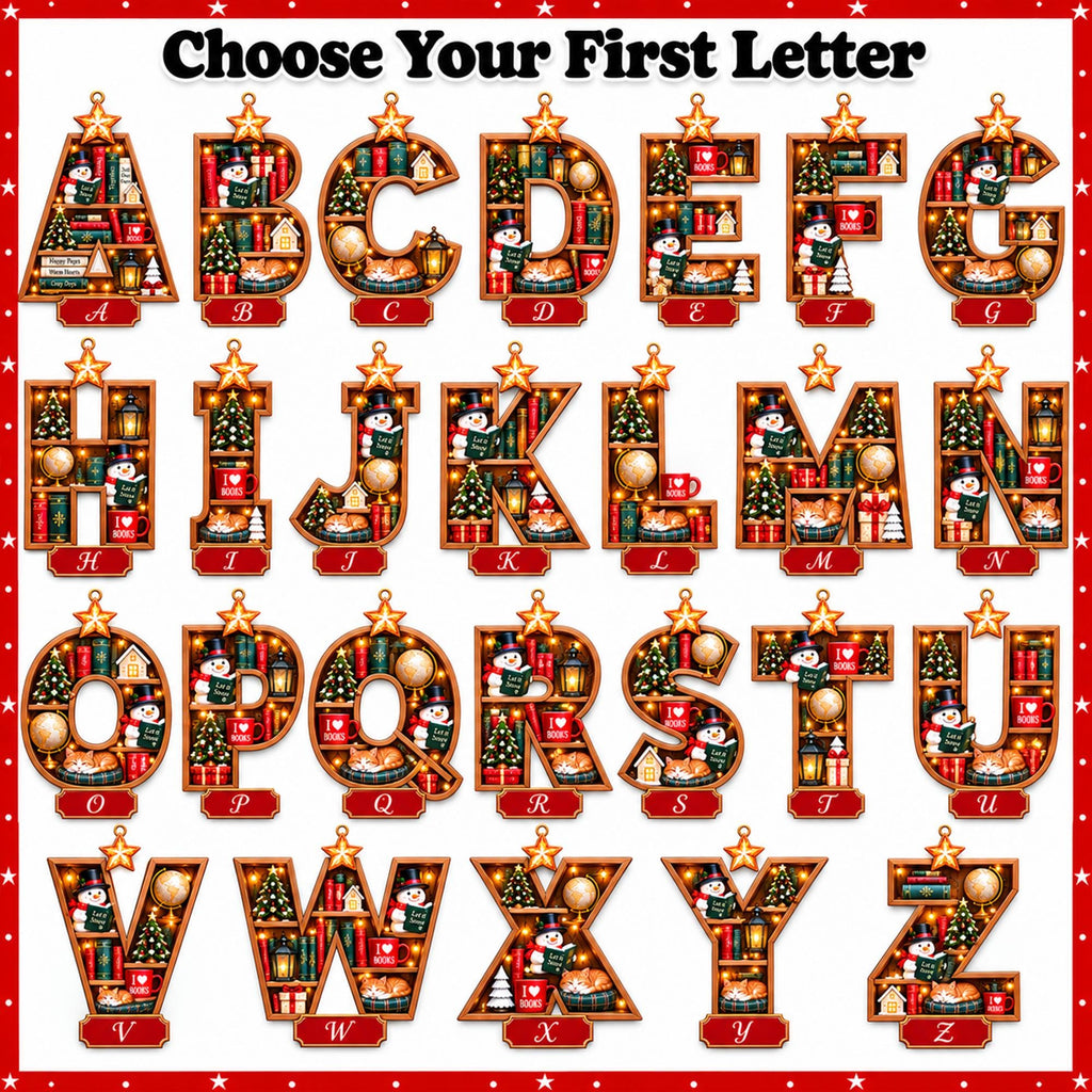 Alphabet chart with bookshelf letter ornaments A to Z