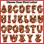Alphabet chart with bookshelf letter ornaments A to Z