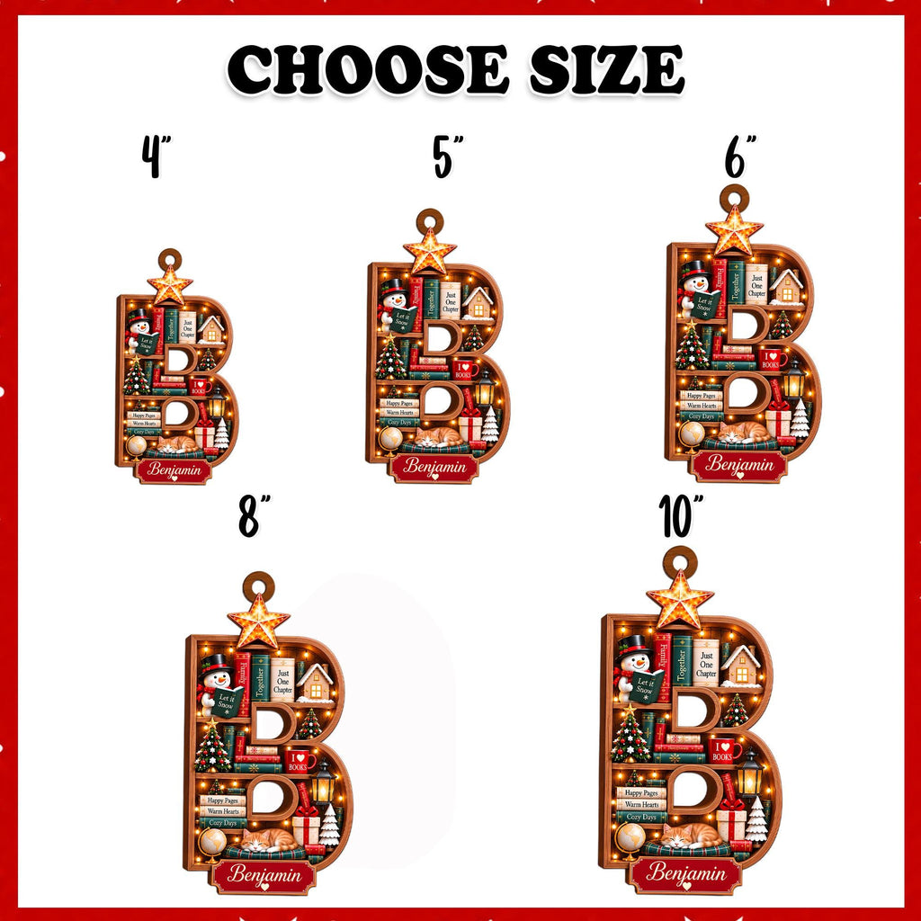 Size chart showing the bookshelf letter ornament from 4 to 10 inches