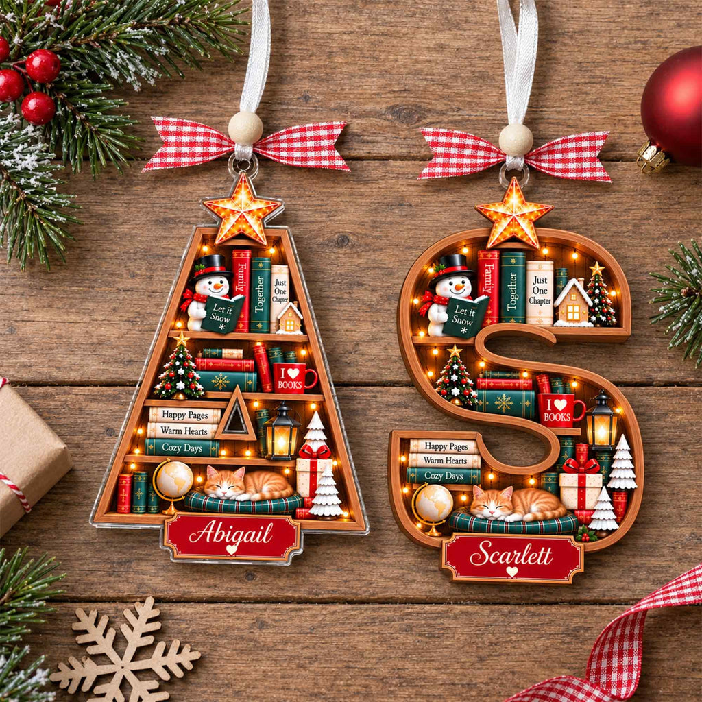 Bookshelf letter ornaments A and S on a wooden table
