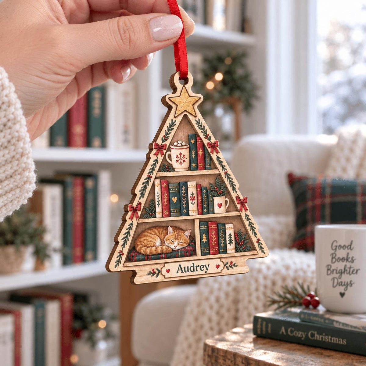 Hand holding a wooden bookshelf tree ornament with cat library in a cozy room