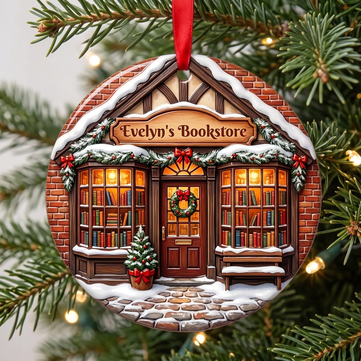 Personalized bookstore Christmas ornament on a pine tree