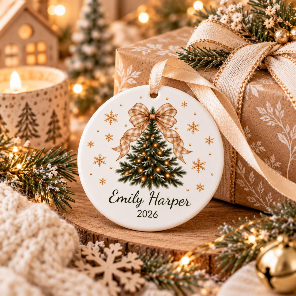 Gingham bow tree ornament with candles and wrapped gifts