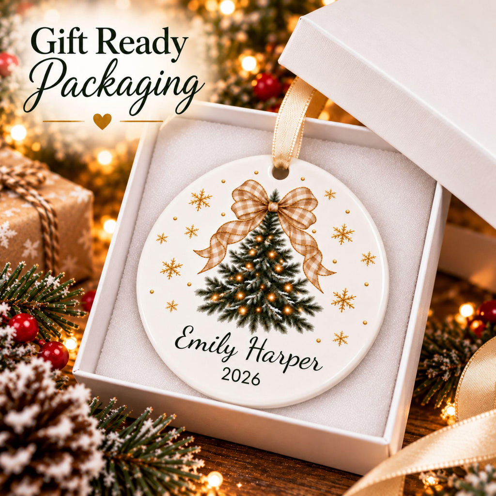 Gingham bow tree name ornament shown in a gift box for styling