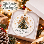 Gingham bow tree name ornament shown in a gift box for styling