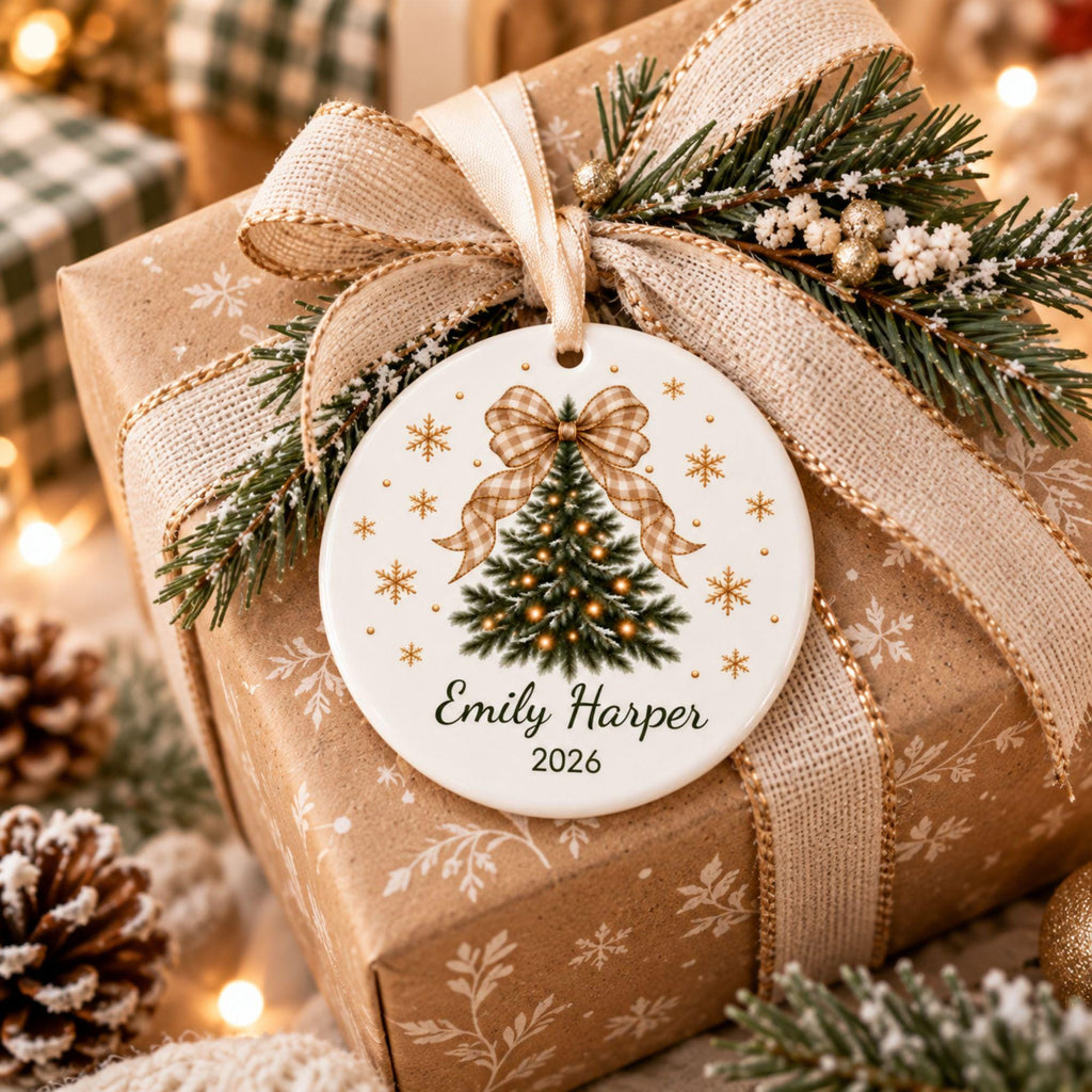 Gingham bow tree ornament tied to a wrapped Christmas gift
