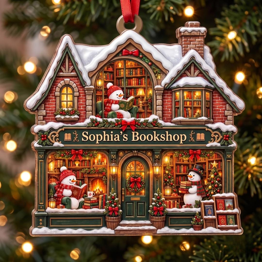 Close-up of the brick book store ornament with reading snowmen and glowing windows